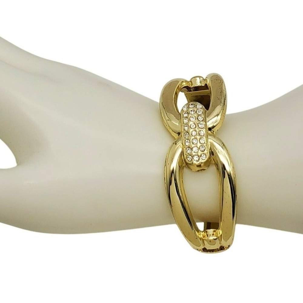 Polished Gold Tone Bangle Rhinestones Clamper Bracelet Hinged Horsebit Modernist